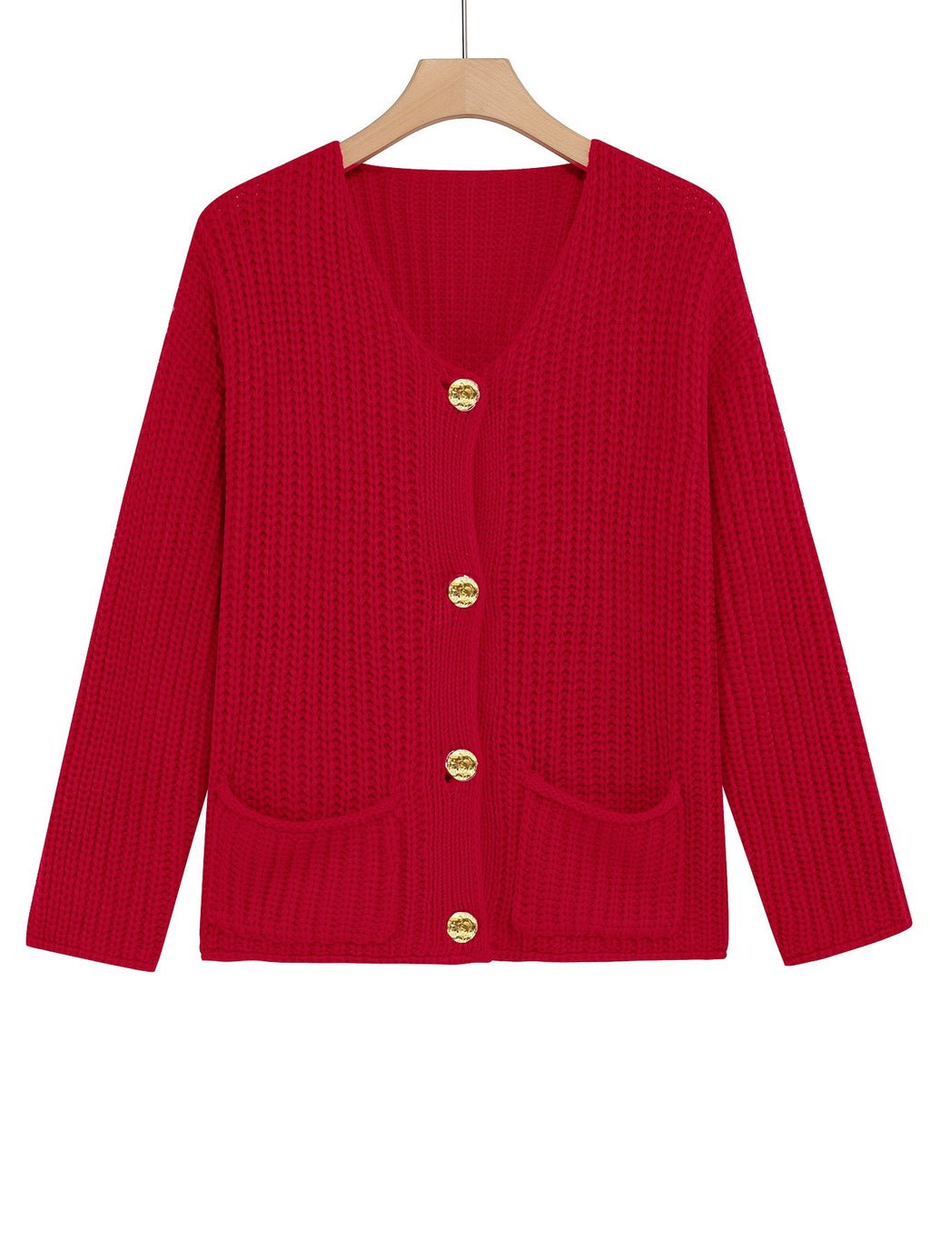 New Arrival For Autumn&Winter Vintage Gold Button Thick Ribbed Knit Red Cardigan With Pockets