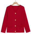New Arrival For Autumn&Winter Vintage Gold Button Thick Ribbed Knit Red Cardigan With Pockets