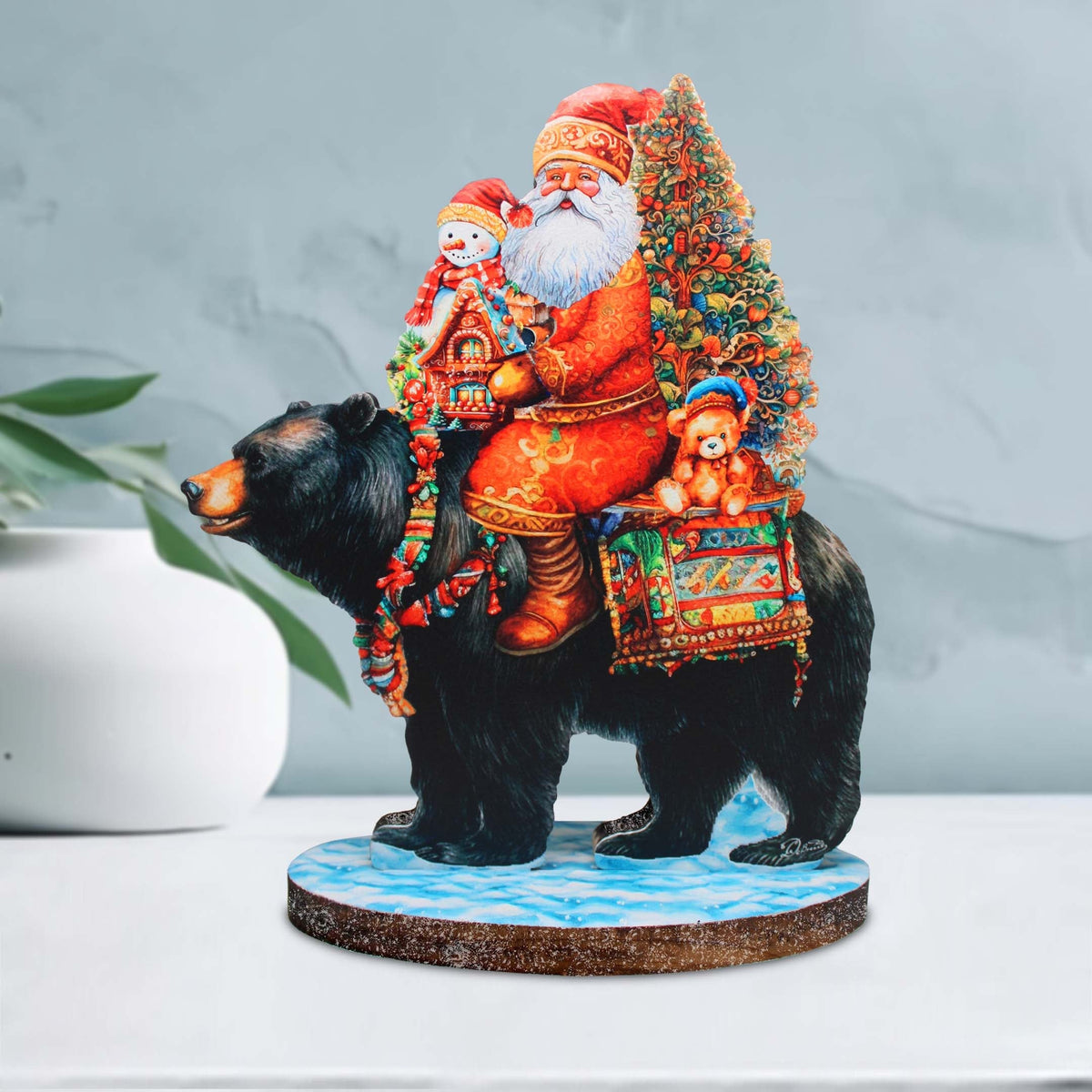 Santa Claus and Black Bear Limited Edition Wooden Figurine by G. Debrekht - Christmas Centerpiece Decoration - 89315