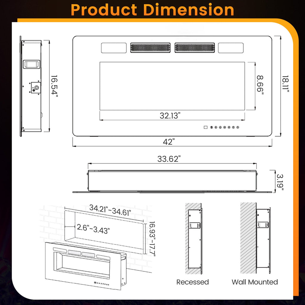 42/50/60/72 Inch Ultra-Thin Electric Fireplace with Decorative Crystals-50 inches