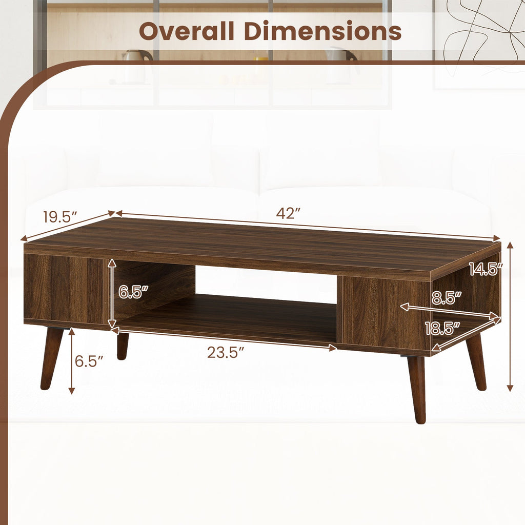 42 Inch Mid Century Modern Coffee Table Rectangular with Open Compartment-Walnut