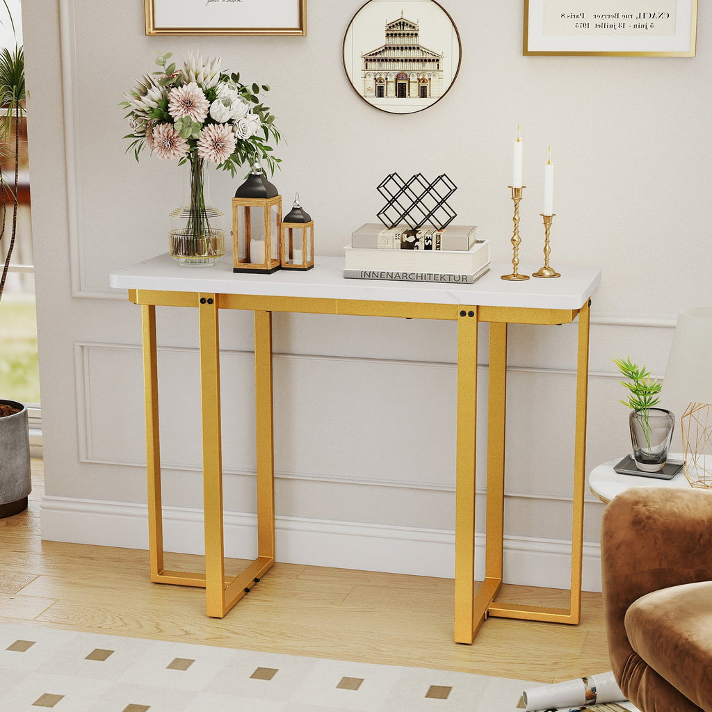 42 Inches Modern Faux Marble Entryway Table with Geometric Metal Frame