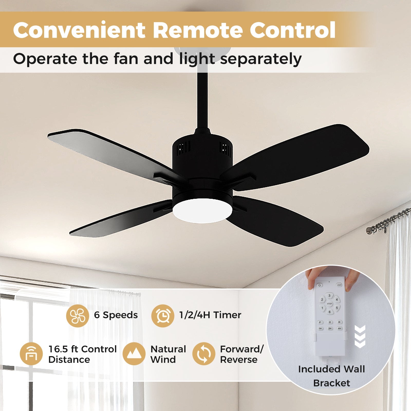 42inch Ceiling Fan with Light and Remote 3CCT LED with Memory 4H Timer 6 Speeds-Black