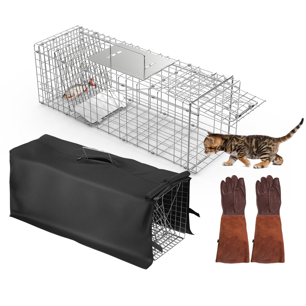 31×12×11" Folding Humane Animal Trap | Cage with Waterproof Cover & Gloves