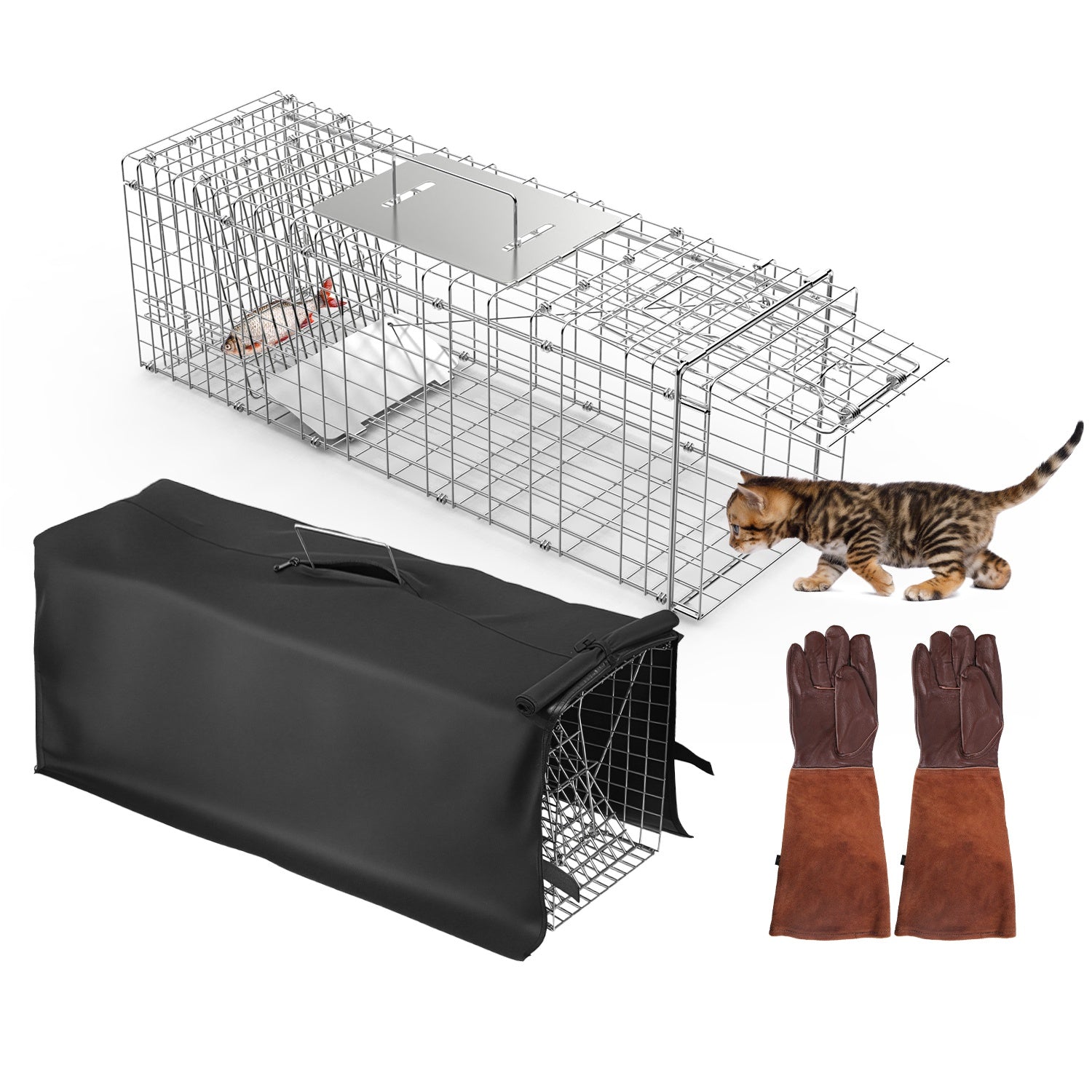 31×12×11" Folding Humane Animal Trap | Cage with Waterproof Cover & Gloves