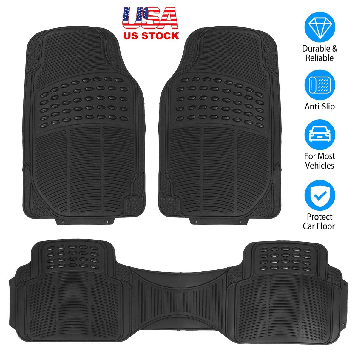 3Pcs Automotive Floor Mats Set Front Rear PVC Rubber Floor Mats Heavy Duty Drive Vehicle Car Mats with Trimmable Design Fit Most Cars SUVs Trucks