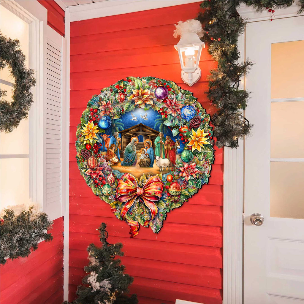 Nativity Wreath Outdoor Indoor Decor Wooden Christmas Decoration by G. Debrekht - Christmas Decor - 8652805F