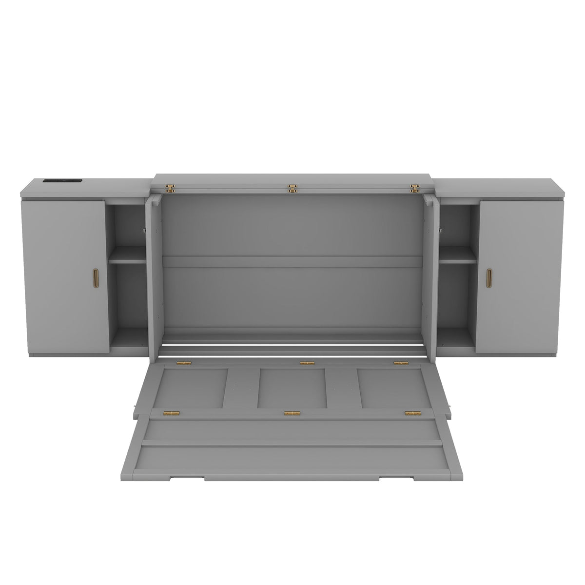 Full Size Murphy Bed with Shelves, Cabinets and USB Ports,Gray