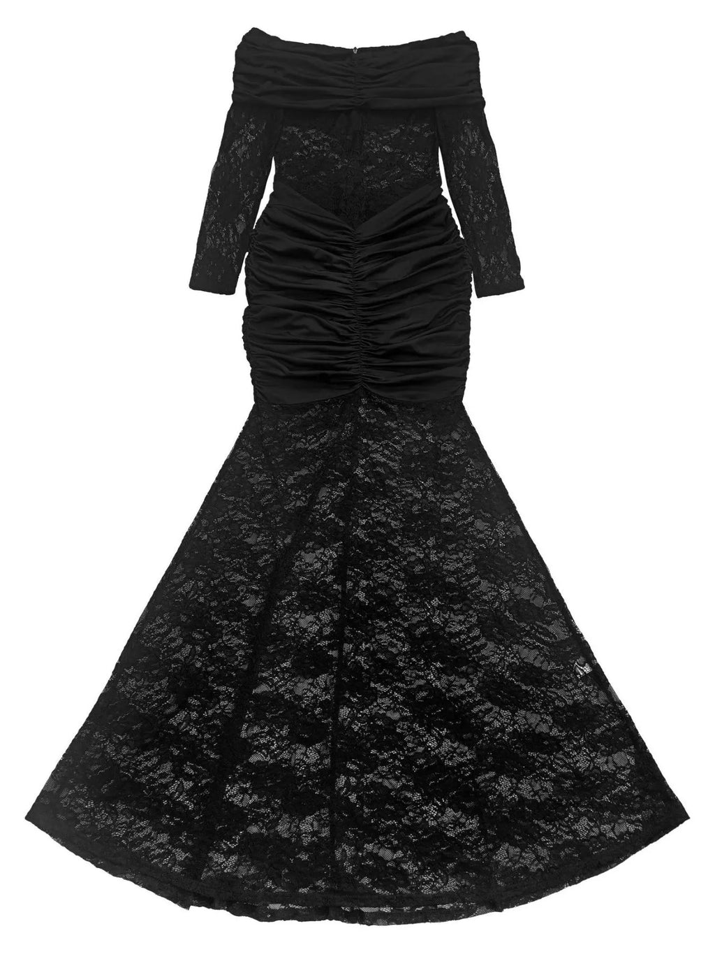 Off-Shoulder Ruched Lace Mermaid Maxi Dress
