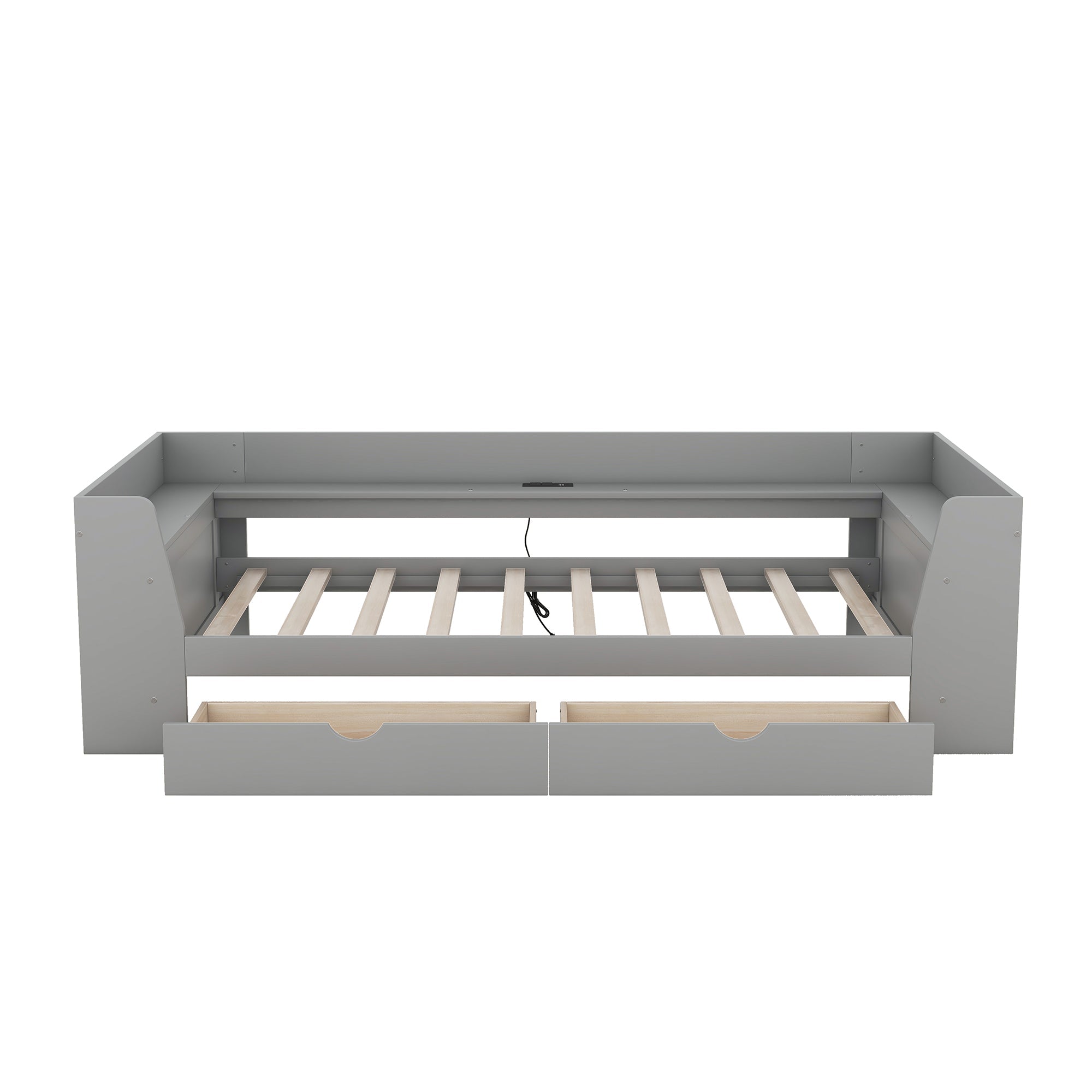 Twin Size Daybed with Shelves, Drawers and Built-In Charging Station, Gray
