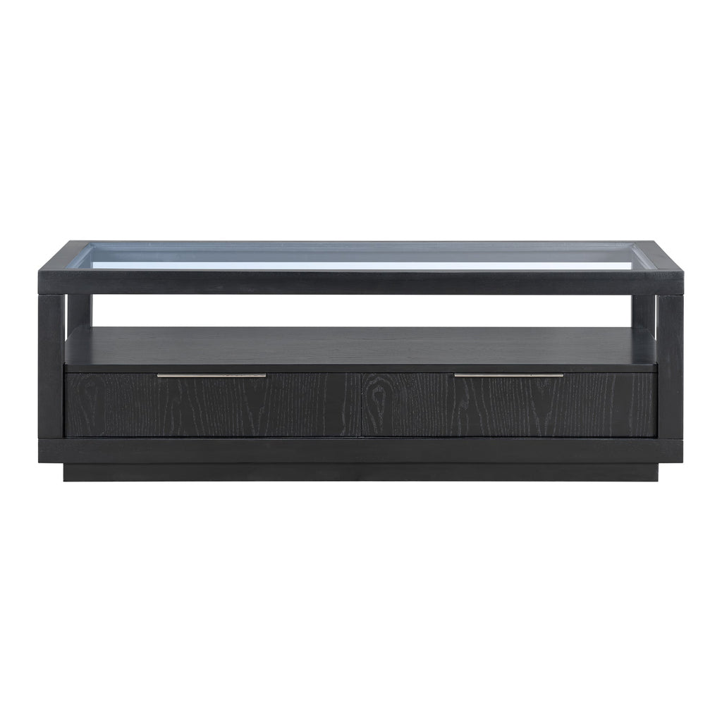 U-Can modern wooden coffee table with 2 drawers and minimalist display coffee table with transparent tempered glass
