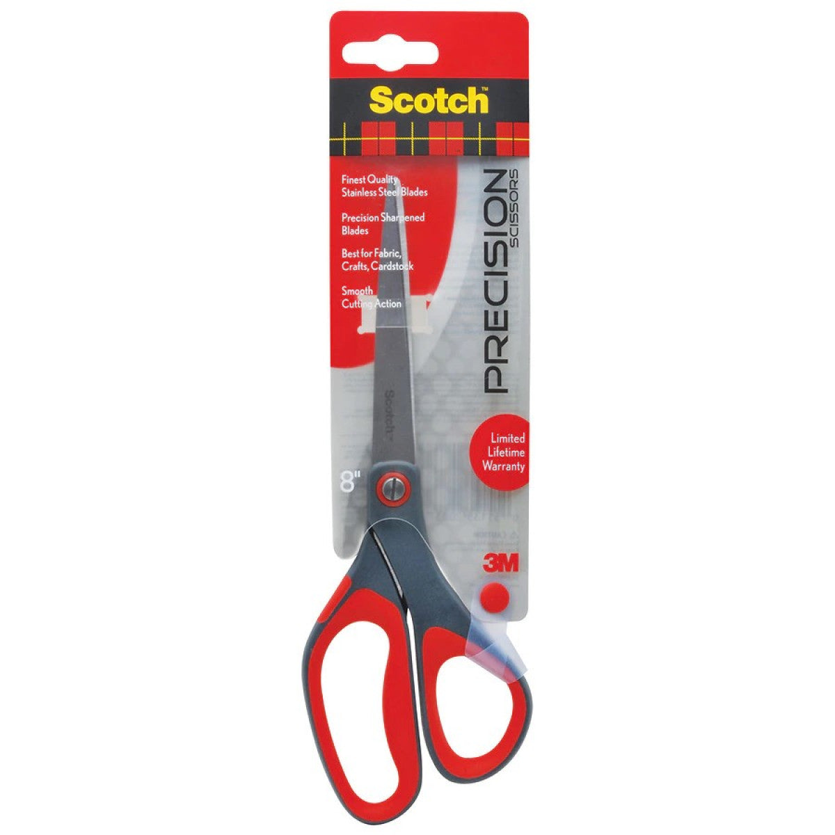 Scotch Precision Scissors, 8" Long, 3.13" Cut Length, Straight Gray/Red Handle