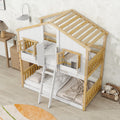 Twin over Twin House Bunk Bed with Roof , Window, Window Box, Door , with Safety Guardrails and Ladder, Natural/White