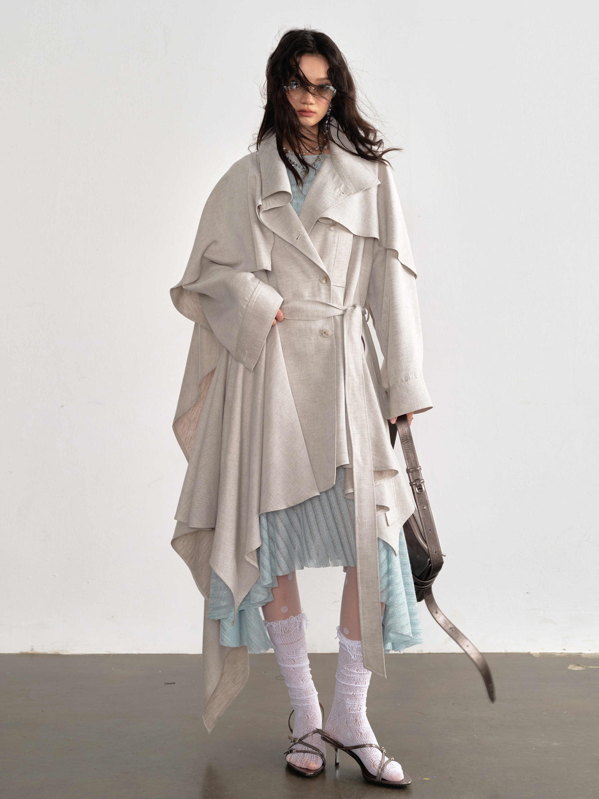 Gypsum White Linen Blended Irregular Skirt Trench Coat
