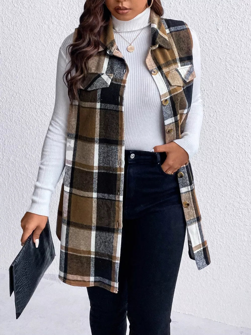 Pocketed Plaid Button Up Vest Coat