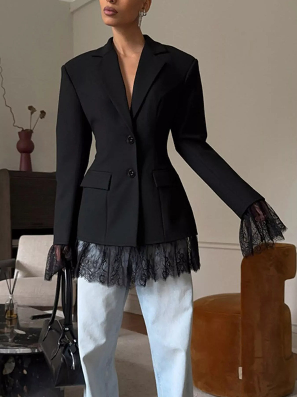 Lace Hem Lapel Collar Blazer