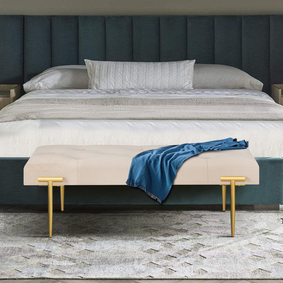 48'' Modern Ottoman Bench Velvet Bench Upholstered Footrest With Gold Metal Legs And Padded Seat For Bedroom Living Room