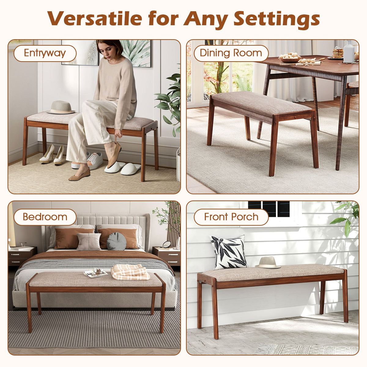 45 Inch Farmhouse Backless Bench with Rubber Wood Legs and Fabric Padded Seat-Beige