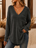 Womens Loose-Fit Pullover V-Neck Long-Sleeve T-Shirt