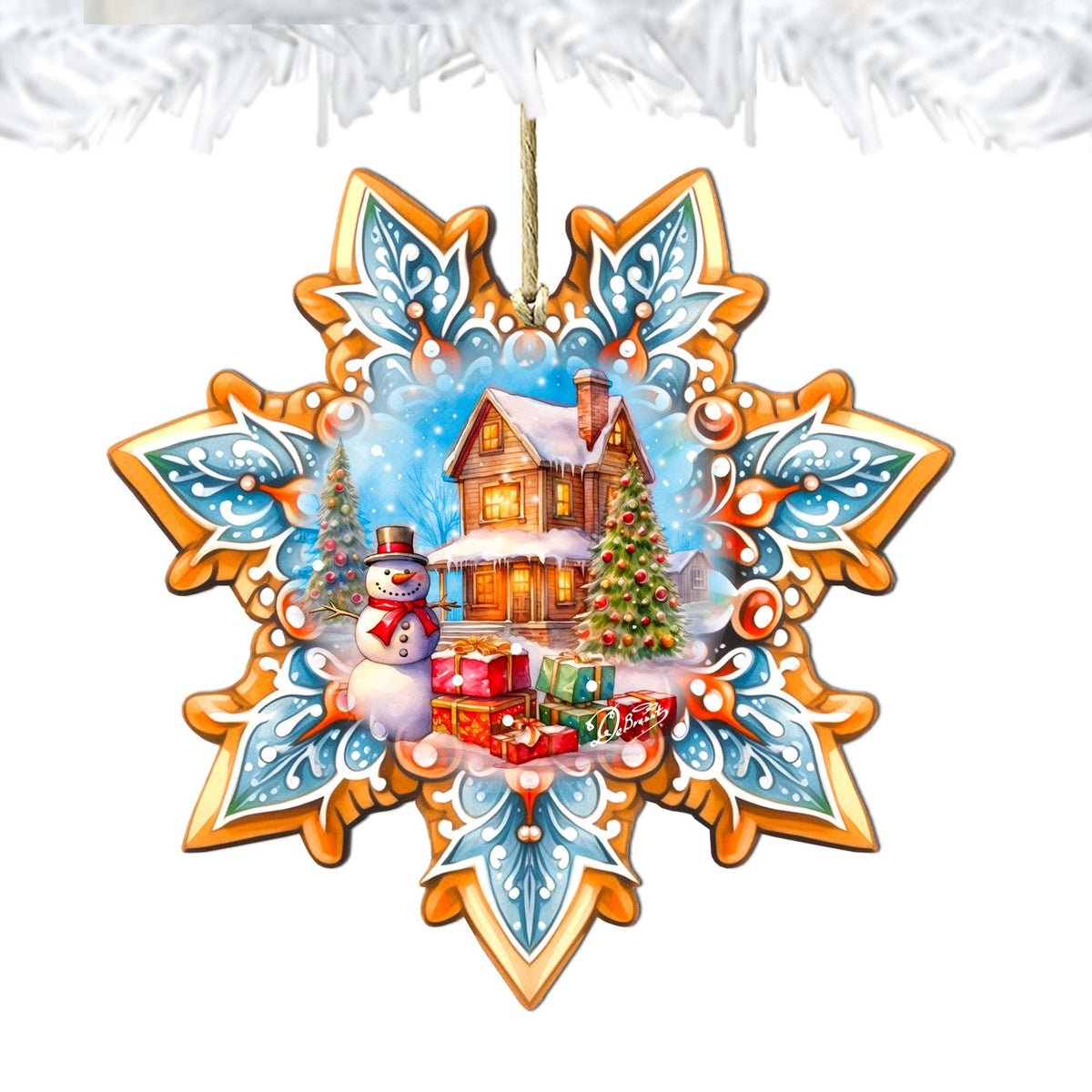 Snowman's Gifts Snowflake Large Wooden Ornament by G. Debrekht - Christmas Santa Snowman Decor - 8688404M