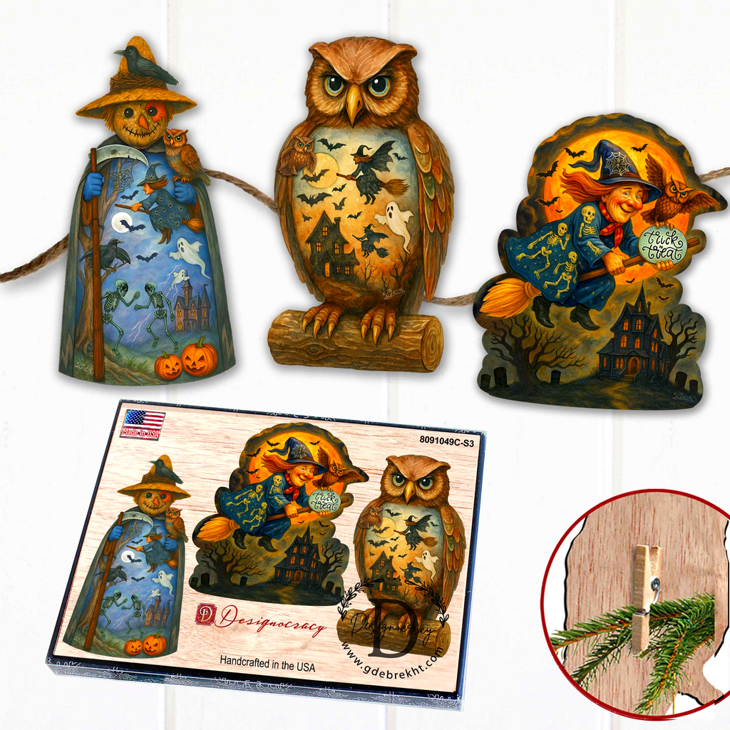 Halloween Clip-On Eco Wood Decorative Ornaments Set of 3 – Scarecrow, Owl & Witch – Handcrafted Décor by G. DeBrekht – 8091049C-S3