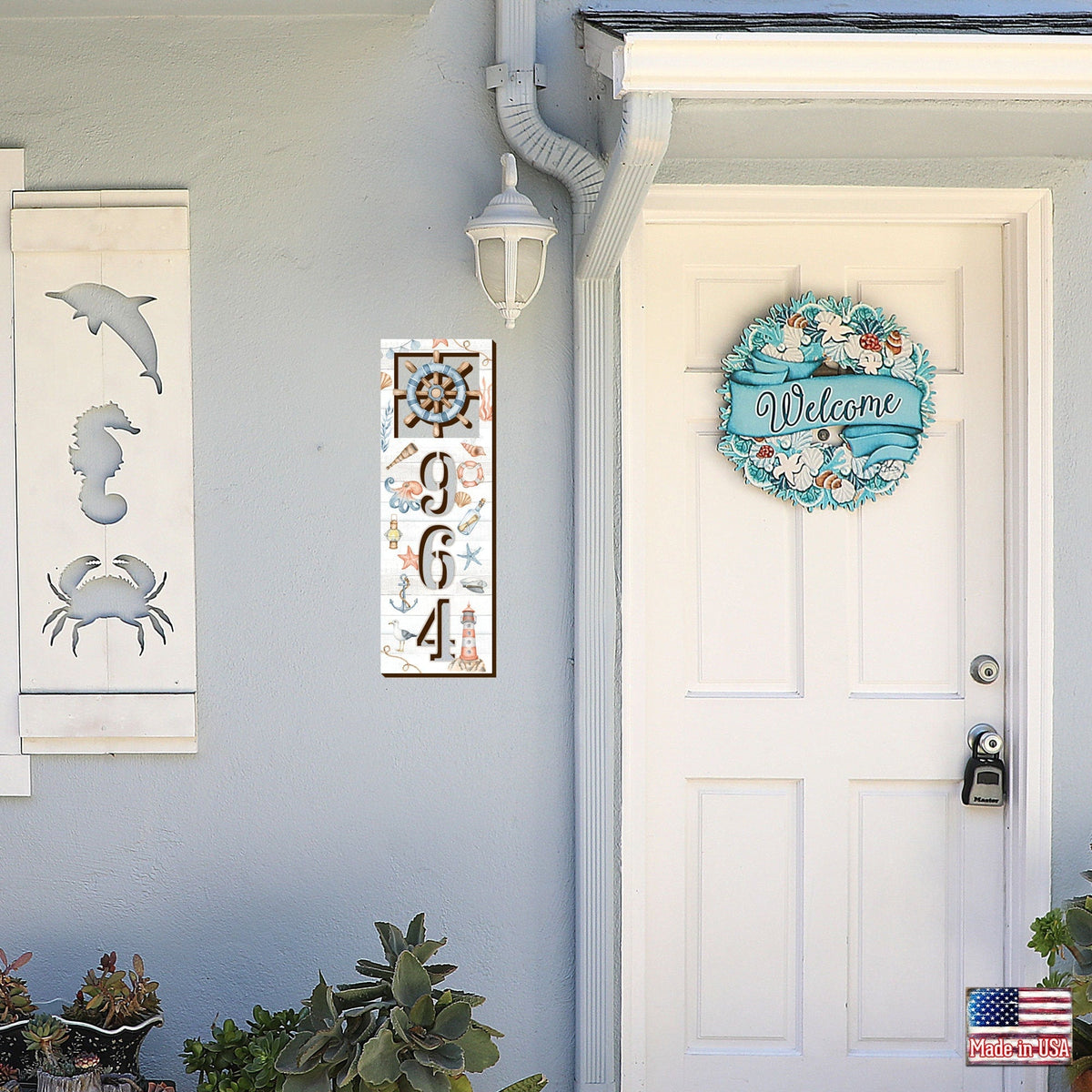Coastal Door Numbers Sign - Captain Wheel Wooden House Number - Custom Home Address Sign - MA989815