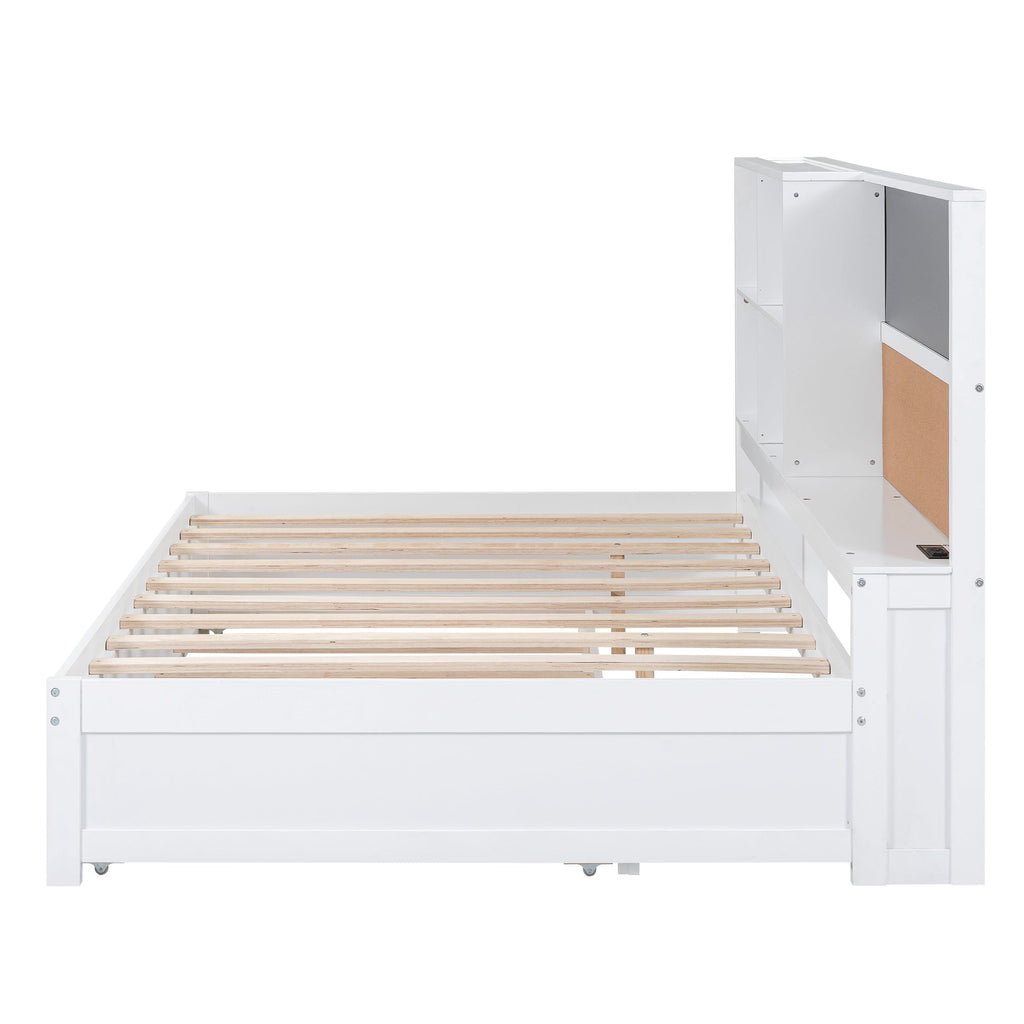 Full Size Daybed with Storage Shelves, Blackboard, Cork board, USB Ports and Twin Size Trundle  White