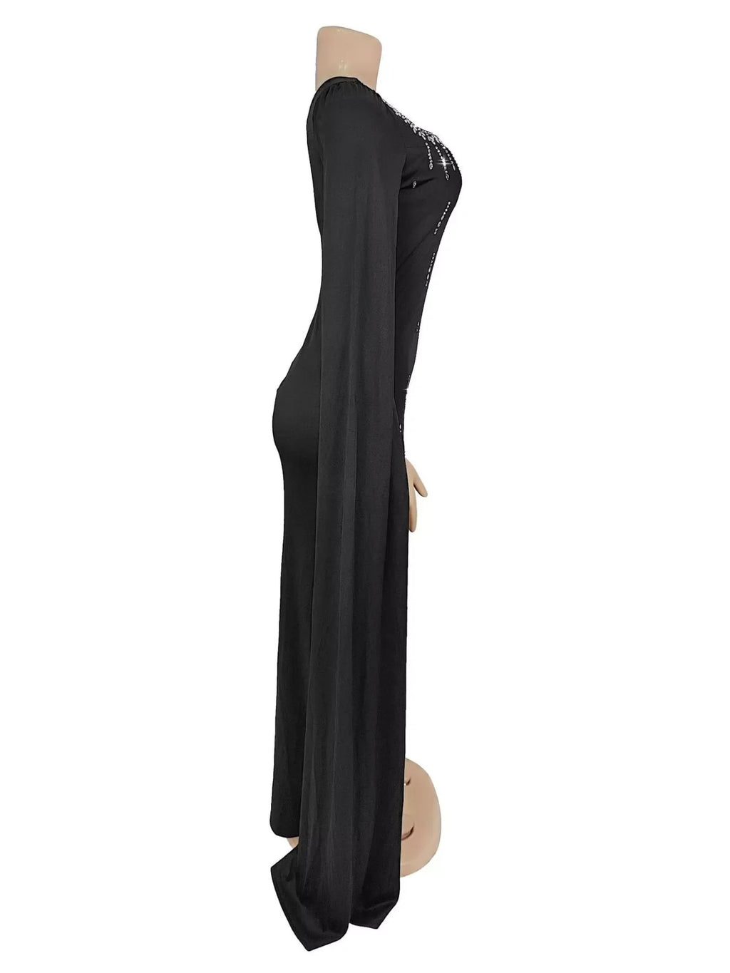 Rhinestone Square Neck Slit Sleeve Maxi Dress