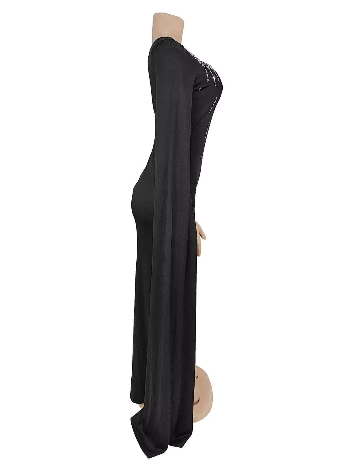 Rhinestone Square Neck Slit Sleeve Maxi Dress