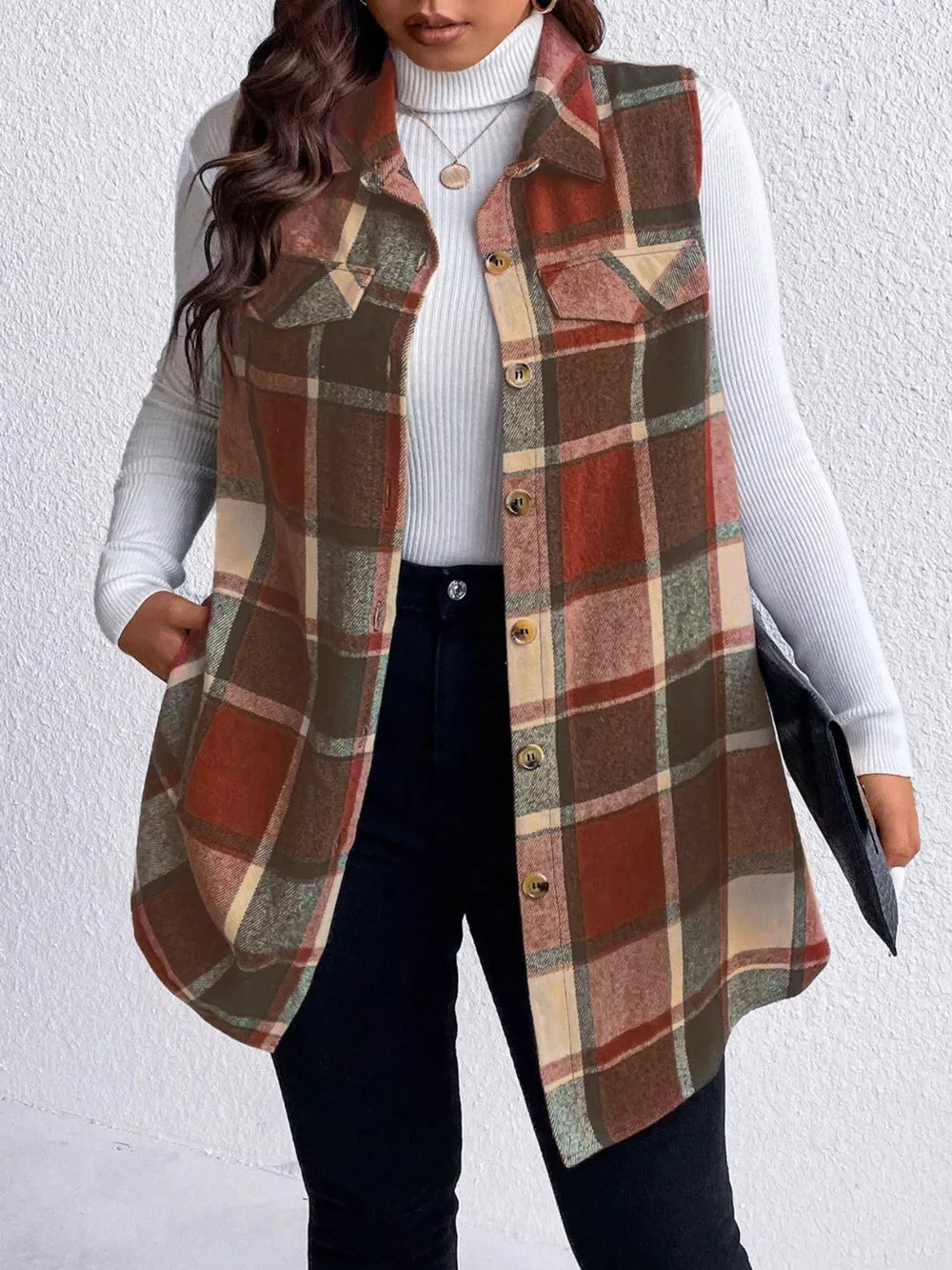 Pocketed Plaid Button Up Vest Coat