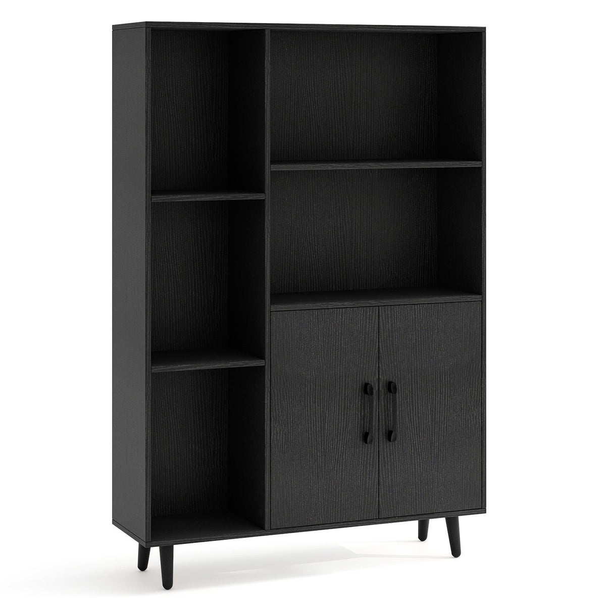 4 Inch Floor Bookshelf with 5 Open Compartments and Storage Cabinet-Black