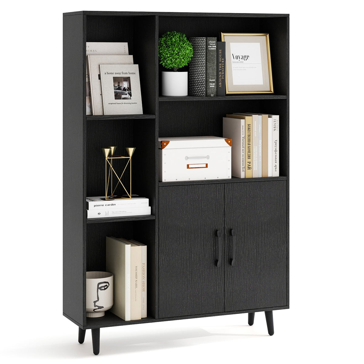 4 Inch Floor Bookshelf with 5 Open Compartments and Storage Cabinet-Black