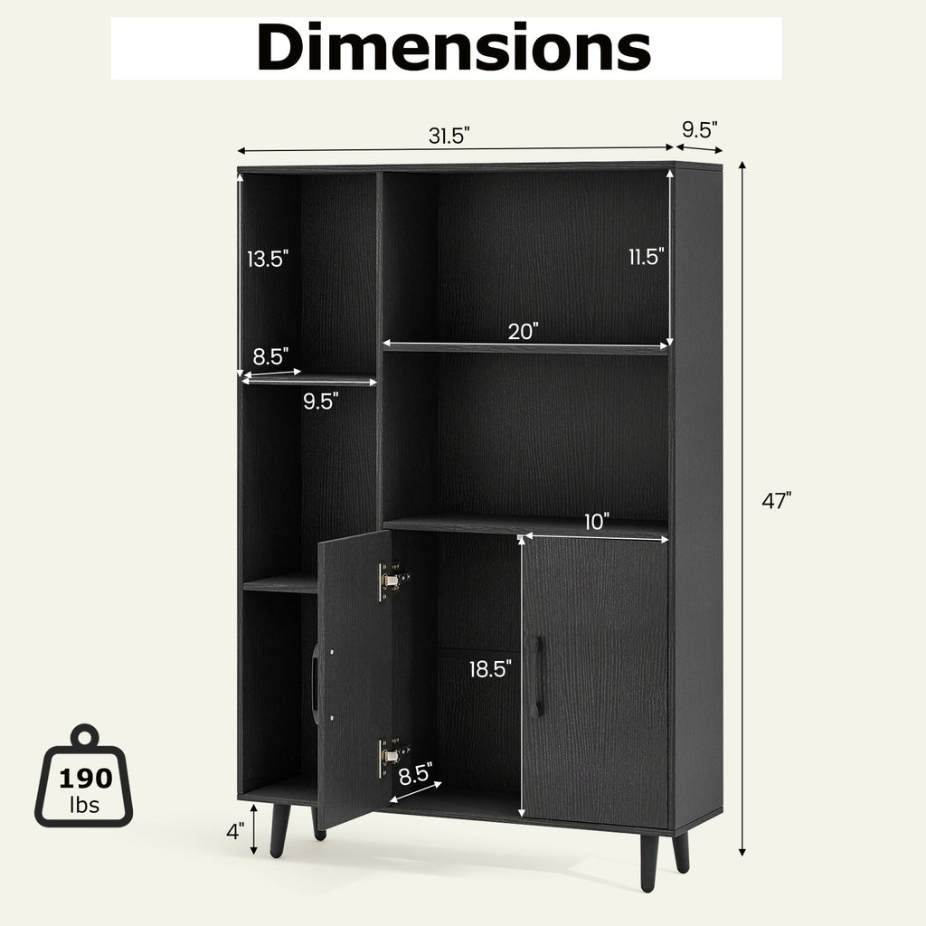 4 Inch Floor Bookshelf with 5 Open Compartments and Storage Cabinet-Black
