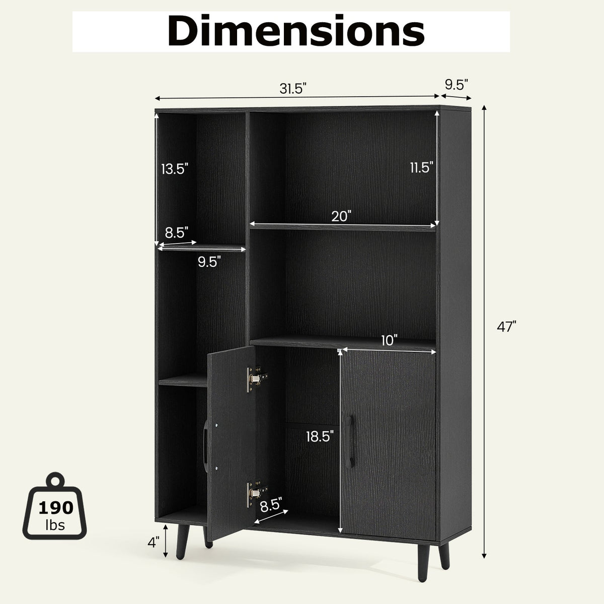 4 Inch Floor Bookshelf with 5 Open Compartments and Storage Cabinet-Black