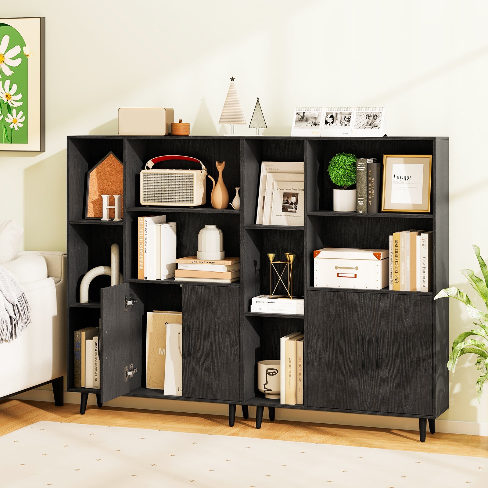 4 Inch Floor Bookshelf with 5 Open Compartments and Storage Cabinet-Black