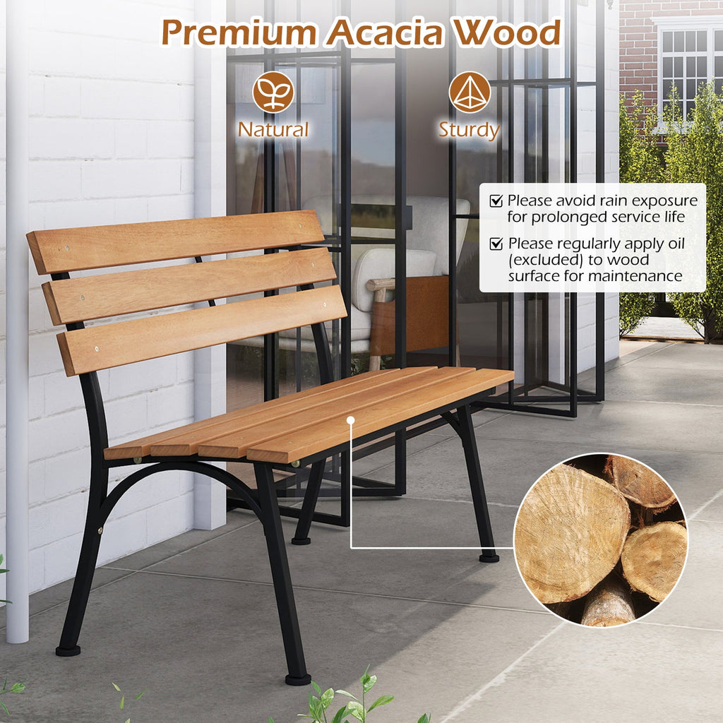 47 Inch Outdoor Acacia Wood Bench with Metal Frame and Slatted Seat