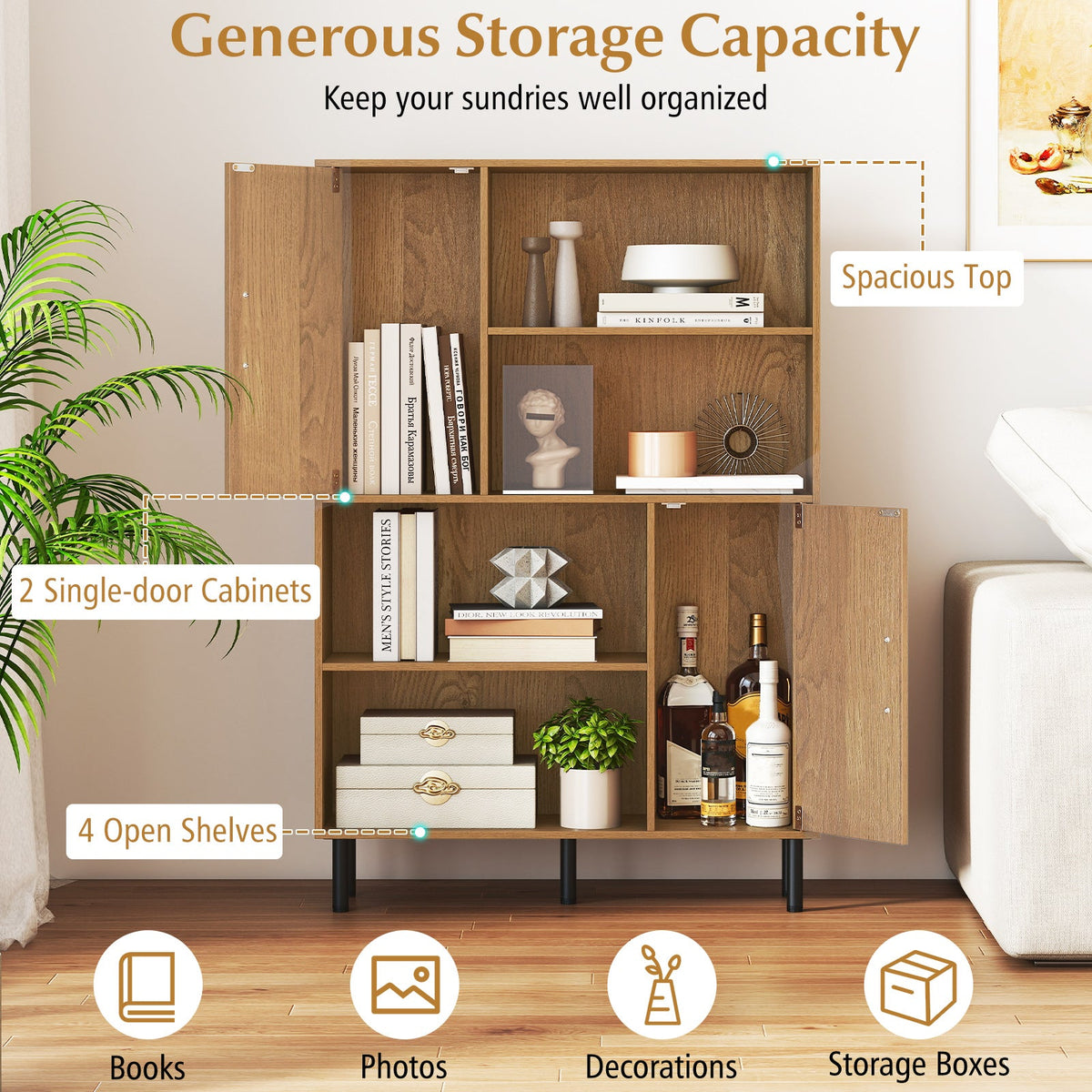 47 Inch Storage Cabinet Freestanding Bookcase with 2 Doors and 4 Open Shelves