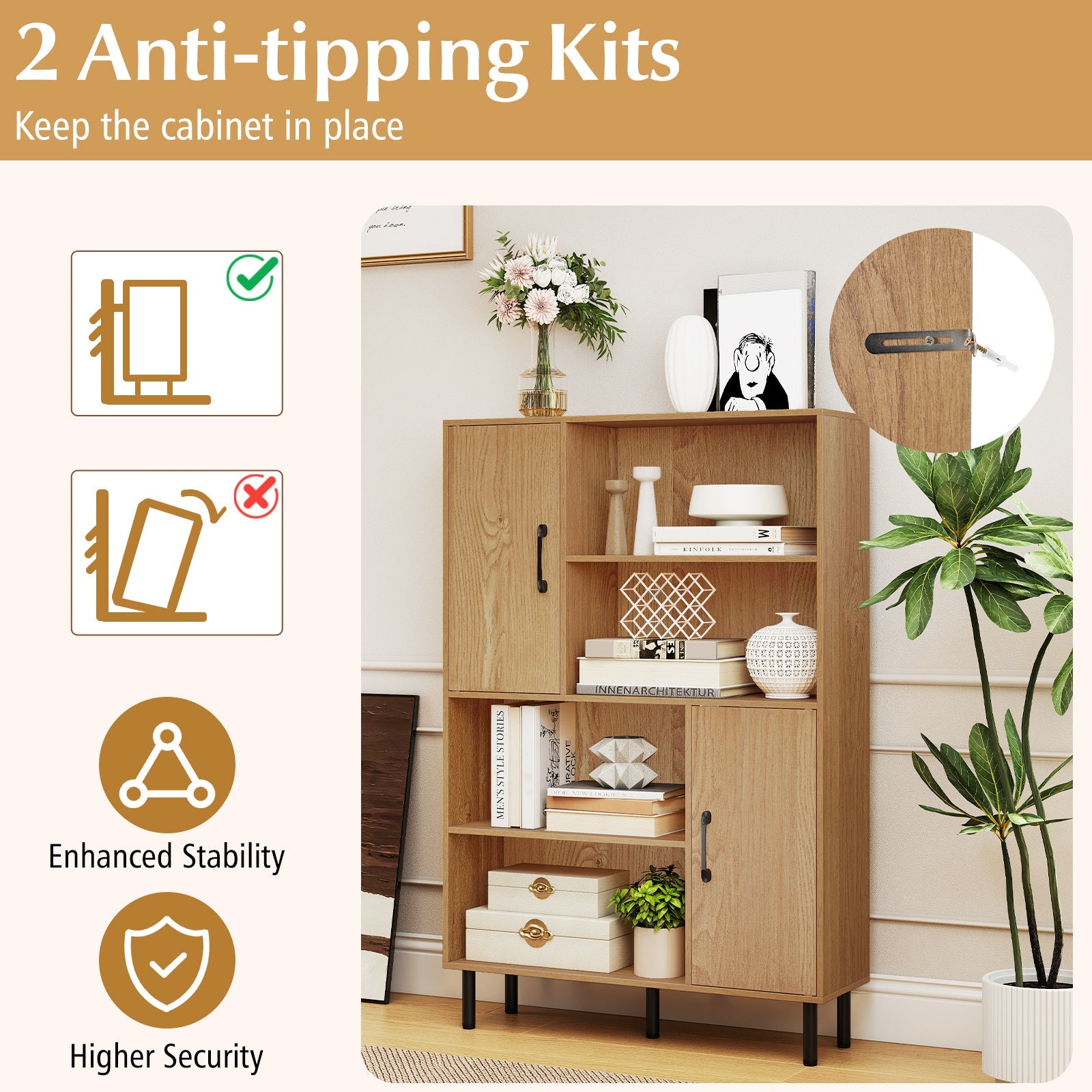 47 Inch Storage Cabinet Freestanding Bookcase with 2 Doors and 4 Open Shelves