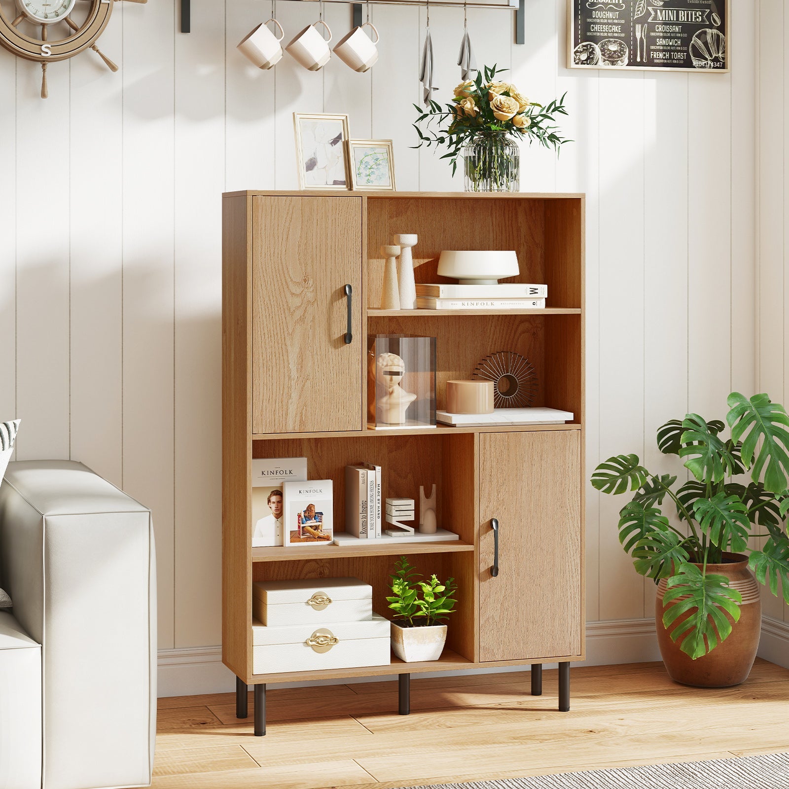 47 Inch Storage Cabinet Freestanding Bookcase with 2 Doors and 4 Open Shelves
