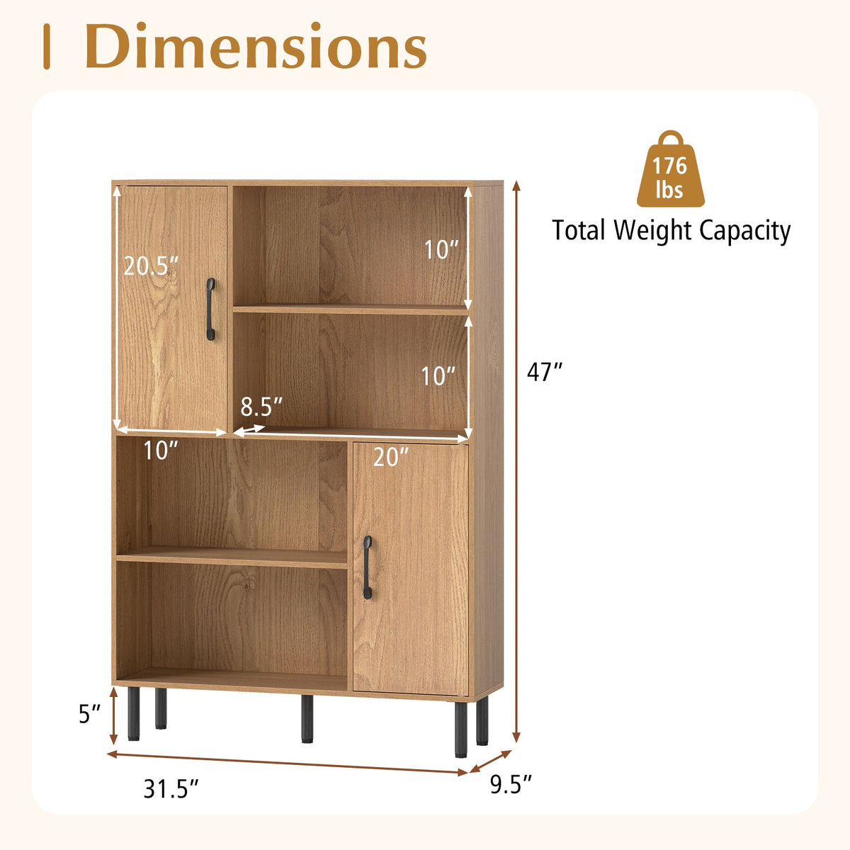 47 Inch Storage Cabinet Freestanding Bookcase with 2 Doors and 4 Open Shelves