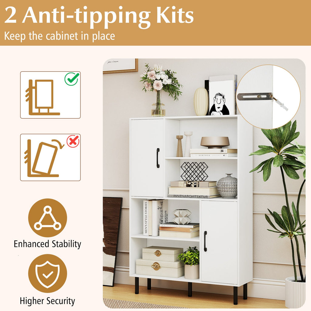 47 Inch Storage Cabinet Freestanding Bookcase with 2 Doors and 4 Open Shelves