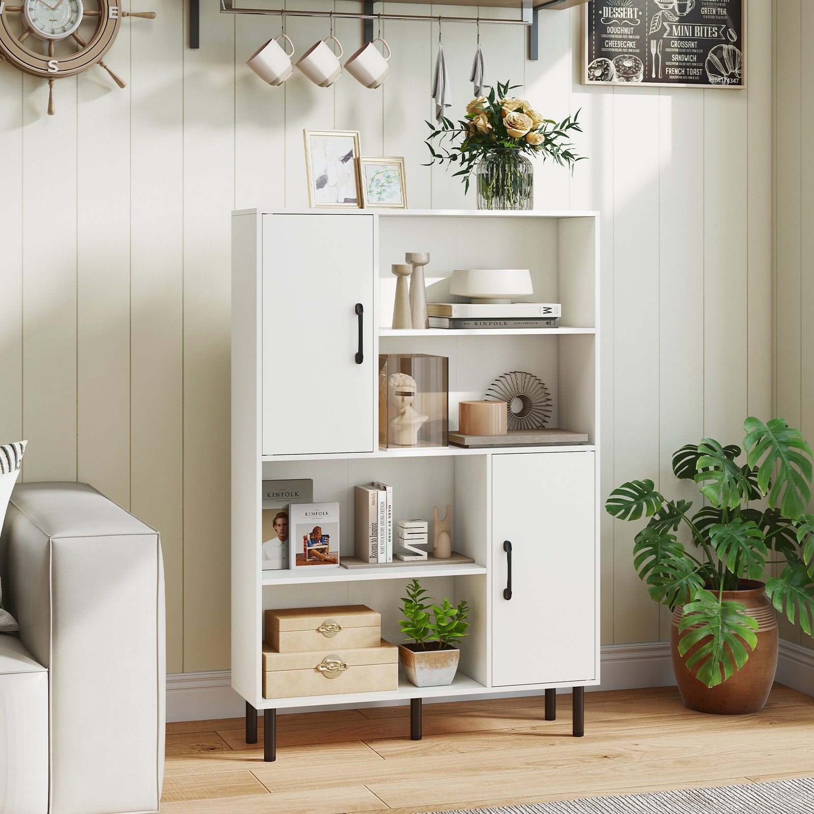 47 Inch Storage Cabinet Freestanding Bookcase with 2 Doors and 4 Open Shelves
