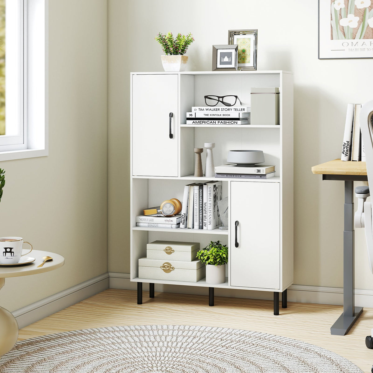 47 Inch Storage Cabinet Freestanding Bookcase with 2 Doors and 4 Open Shelves