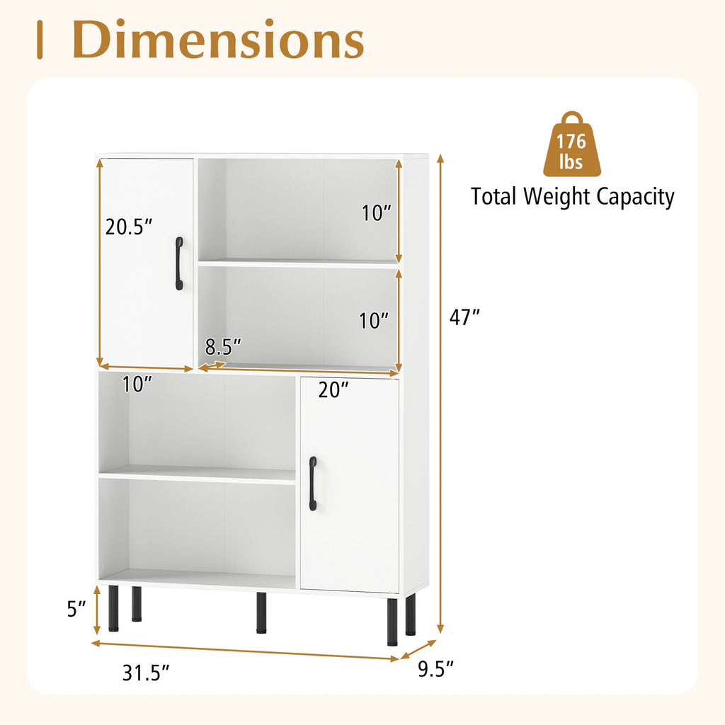 47 Inch Storage Cabinet Freestanding Bookcase with 2 Doors and 4 Open Shelves