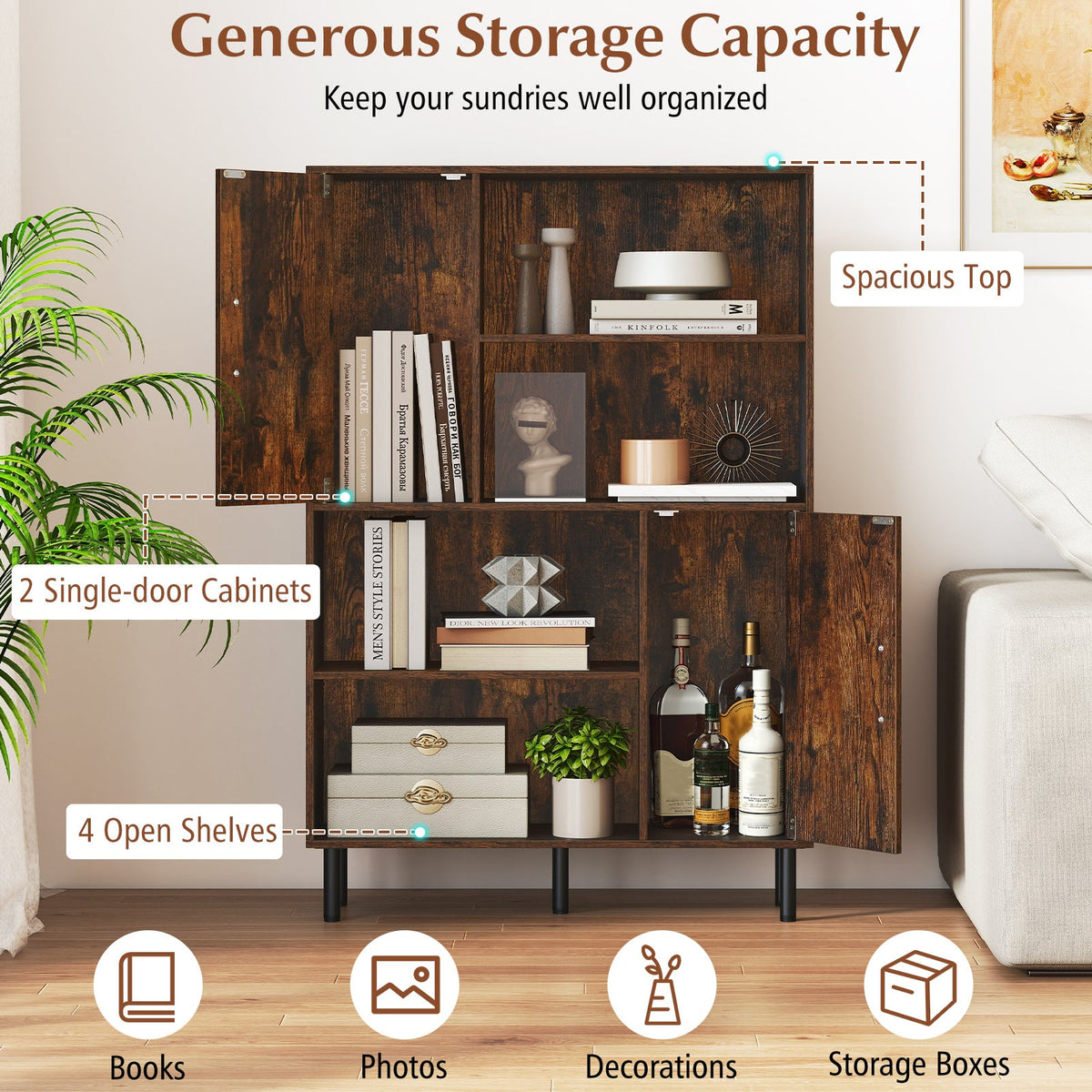 47 Inch Storage Cabinet Freestanding Bookcase with 2 Doors and 4 Open Shelves