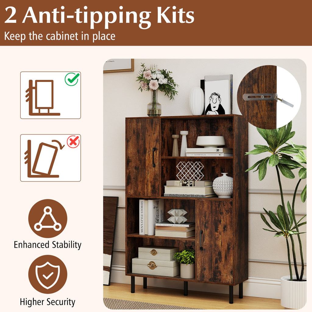 47 Inch Storage Cabinet Freestanding Bookcase with 2 Doors and 4 Open Shelves