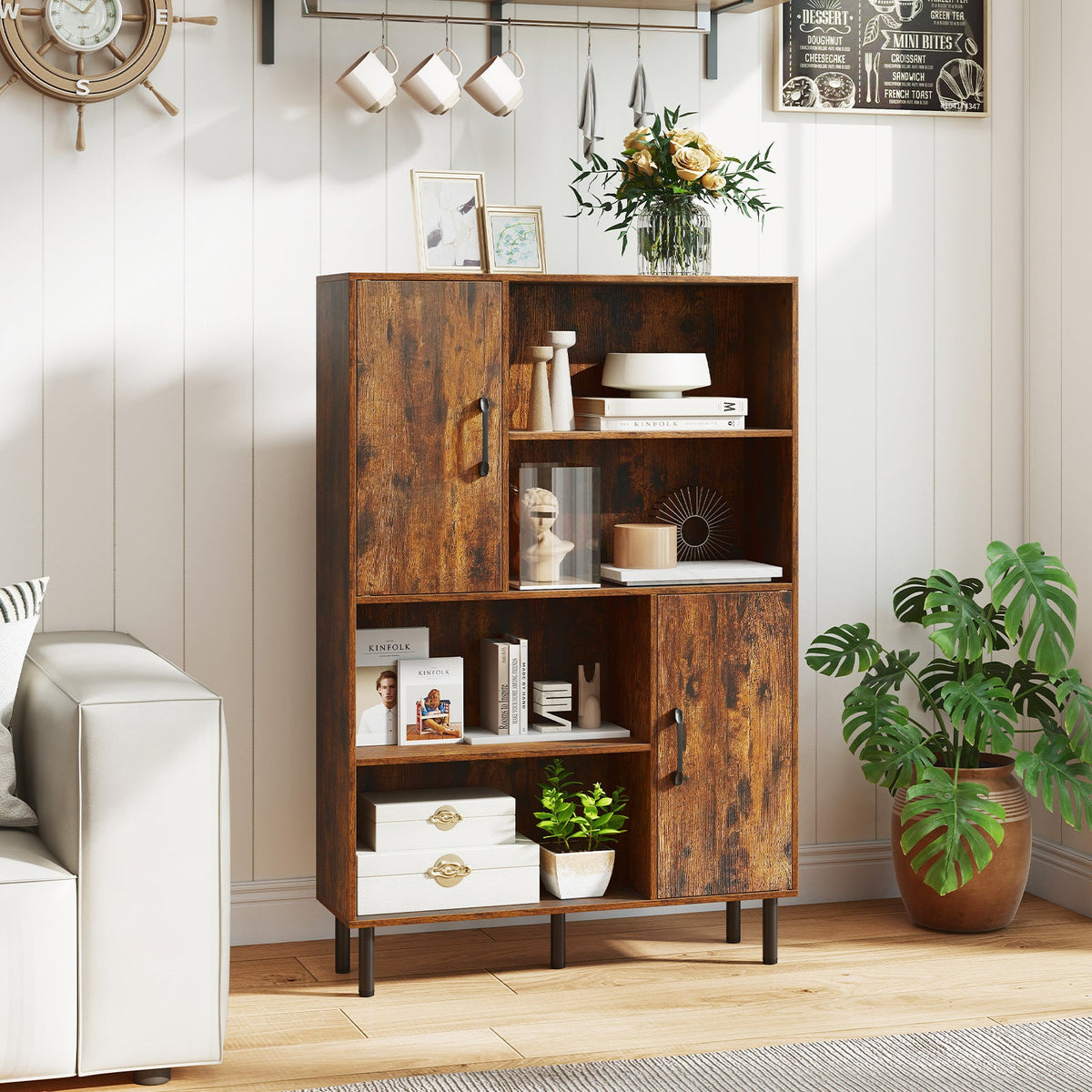 47 Inch Storage Cabinet Freestanding Bookcase with 2 Doors and 4 Open Shelves