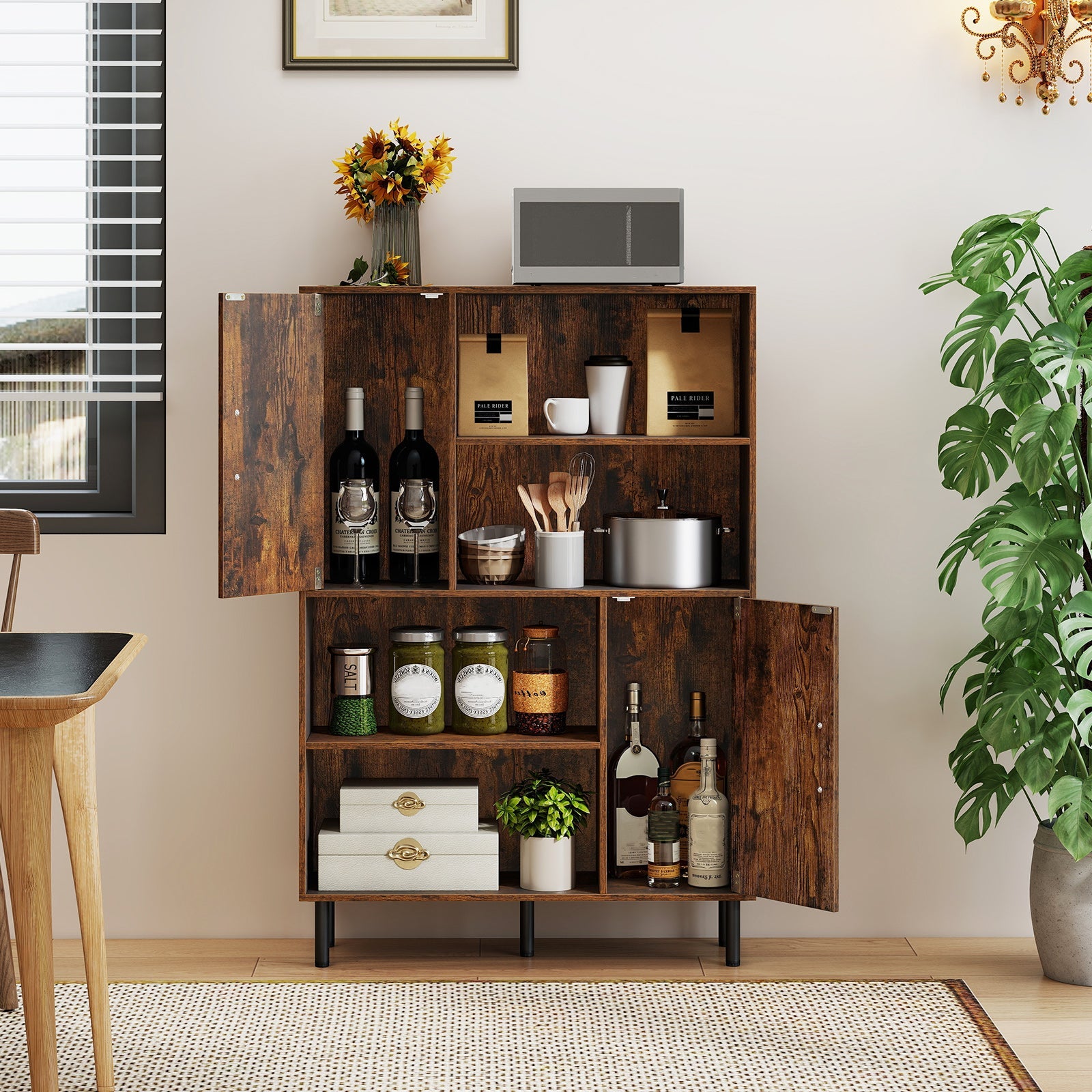 47 Inch Storage Cabinet Freestanding Bookcase with 2 Doors and 4 Open Shelves