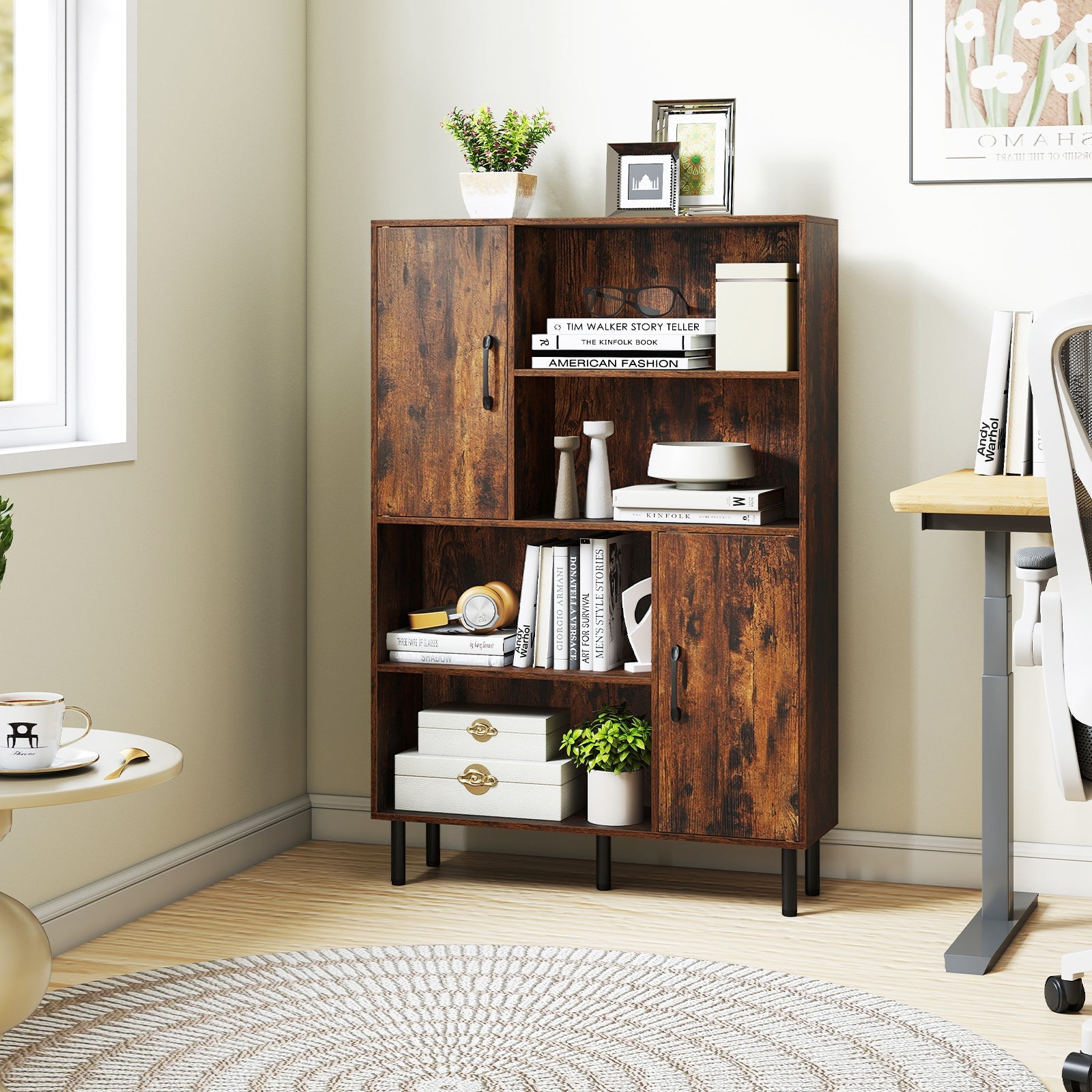 47 Inch Storage Cabinet Freestanding Bookcase with 2 Doors and 4 Open Shelves
