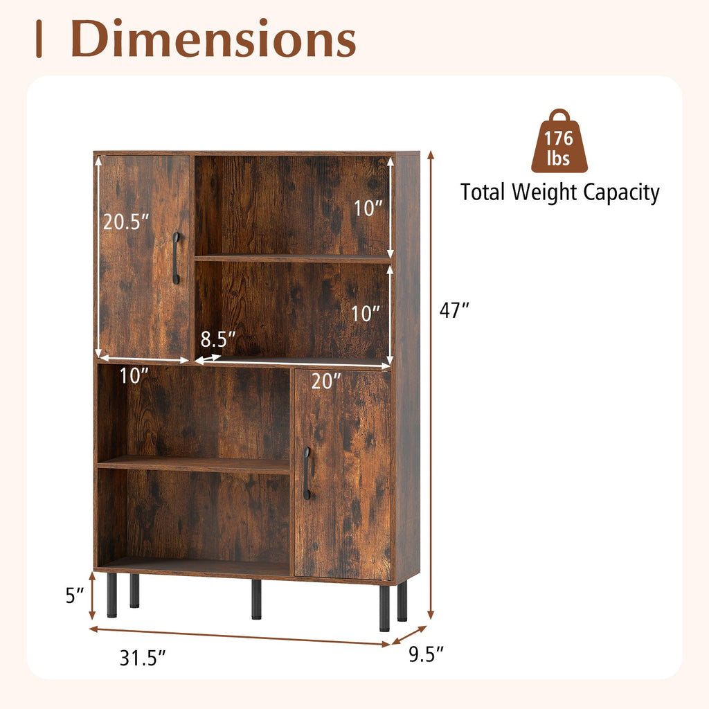 47 Inch Storage Cabinet Freestanding Bookcase with 2 Doors and 4 Open Shelves